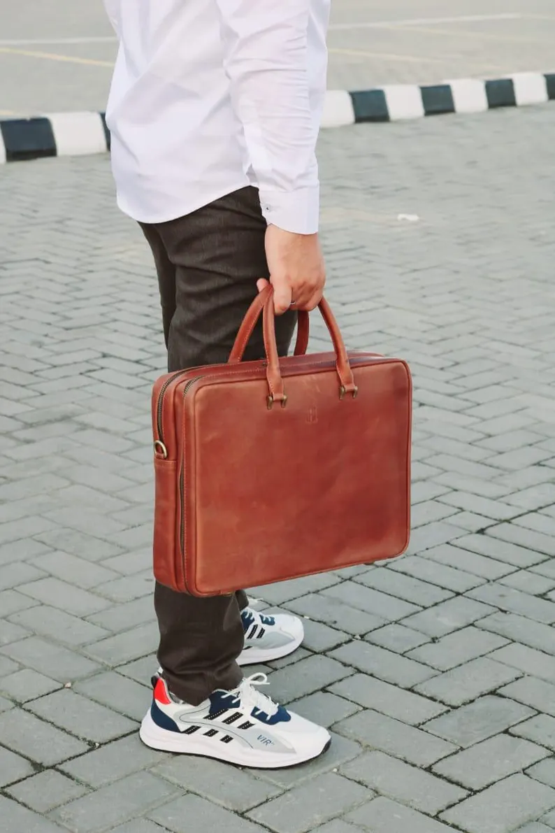 Leather laptop bag, Double compartment leather office bag, Leather Briefcase, Leather Messenger Bag Men, Leather Shoulder Bag, Work Bag,